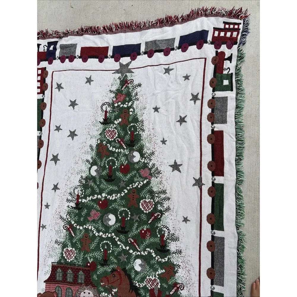 Coming Home Christmas Rocking Horse & Train Woven Throw Blanket –USA 100% Cotton
